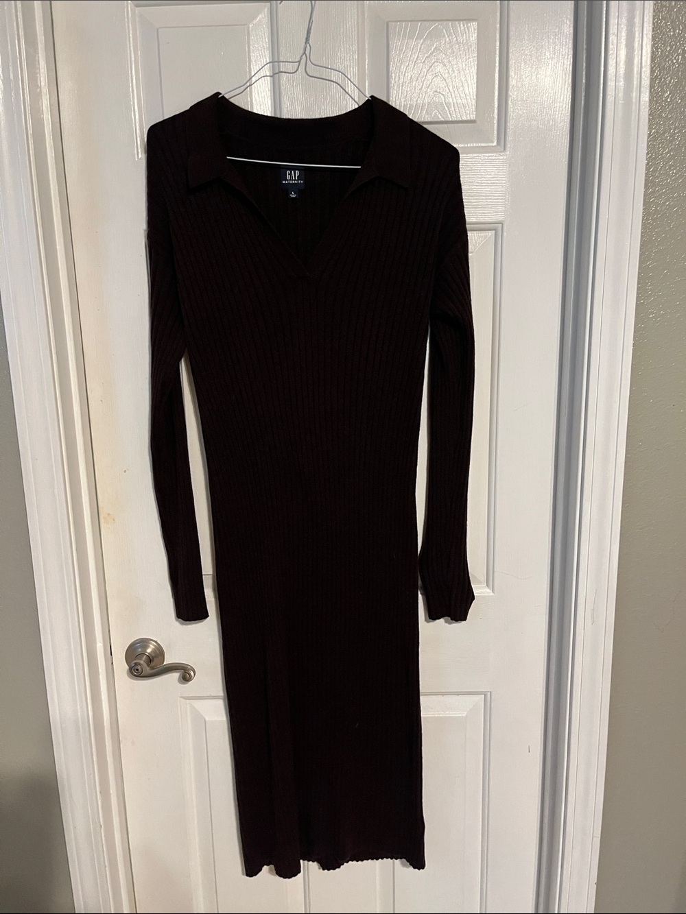 GAP Maternity Brown Ribbed Collared Long-Sleeve Midi Dress